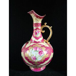 Antique Victorian Style Hand-Painted Porcelain Pitcher, Vase W/ Gold Gilding & F